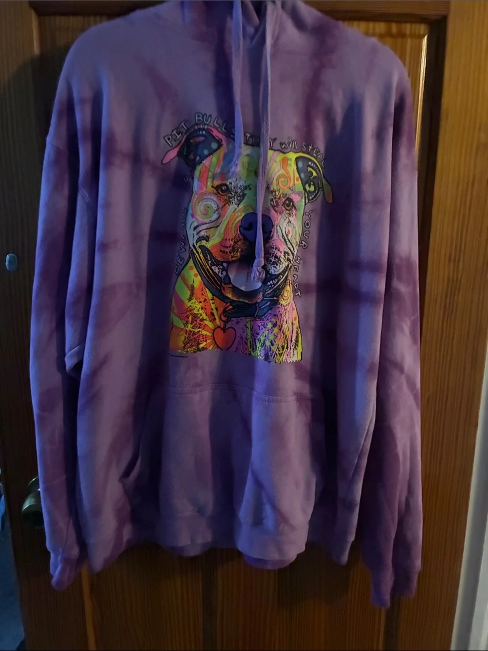 Purple Tie-Dye Dog Hoodie with Colorful Pit Bull Graphic